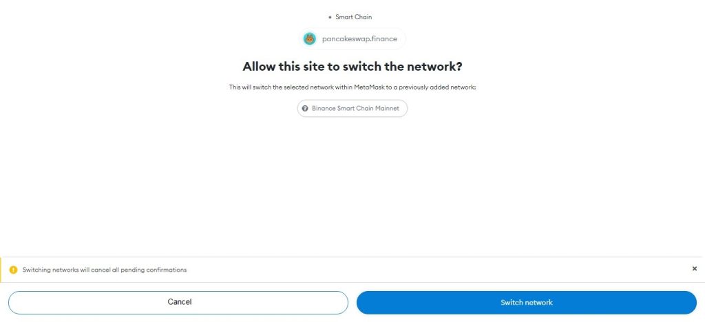 Allow PancakeSwap to switch to Smart Chain network within MetaMask